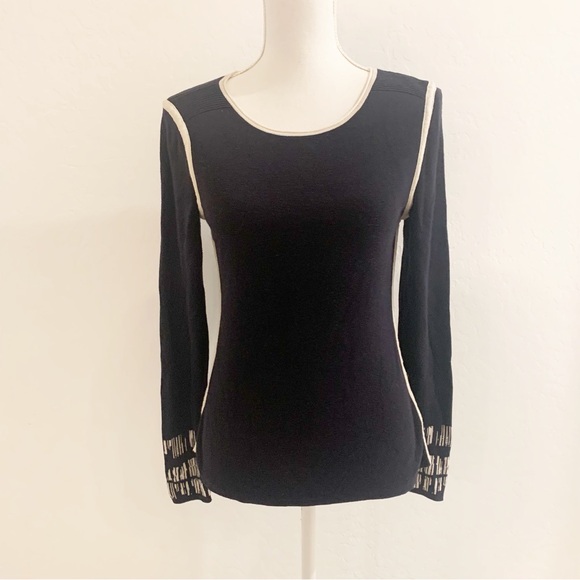 Nic+Zoe Black With White Trim Crew Neck Cotton Blend Sweater Size M - Picture 1 of 12